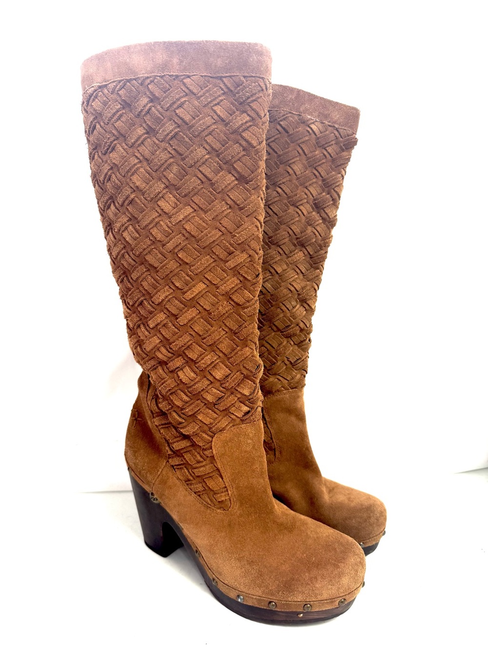 UGG Arroyo Tan Woven Braided Suede Tall Clog Boots Size 10